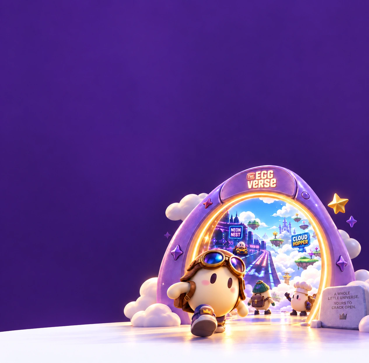 An aviator egg steps through a glowing purple portal into a new game world.